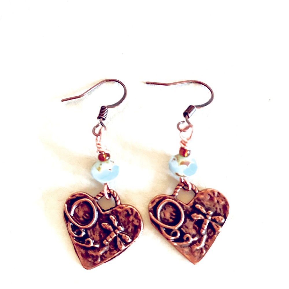 Copper bohemian dragon fly hearts earrings